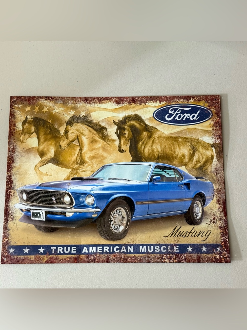 Ford Mustang Metal Tin Sign True American Horses Rustic Wall Decor 16x12 Mancave